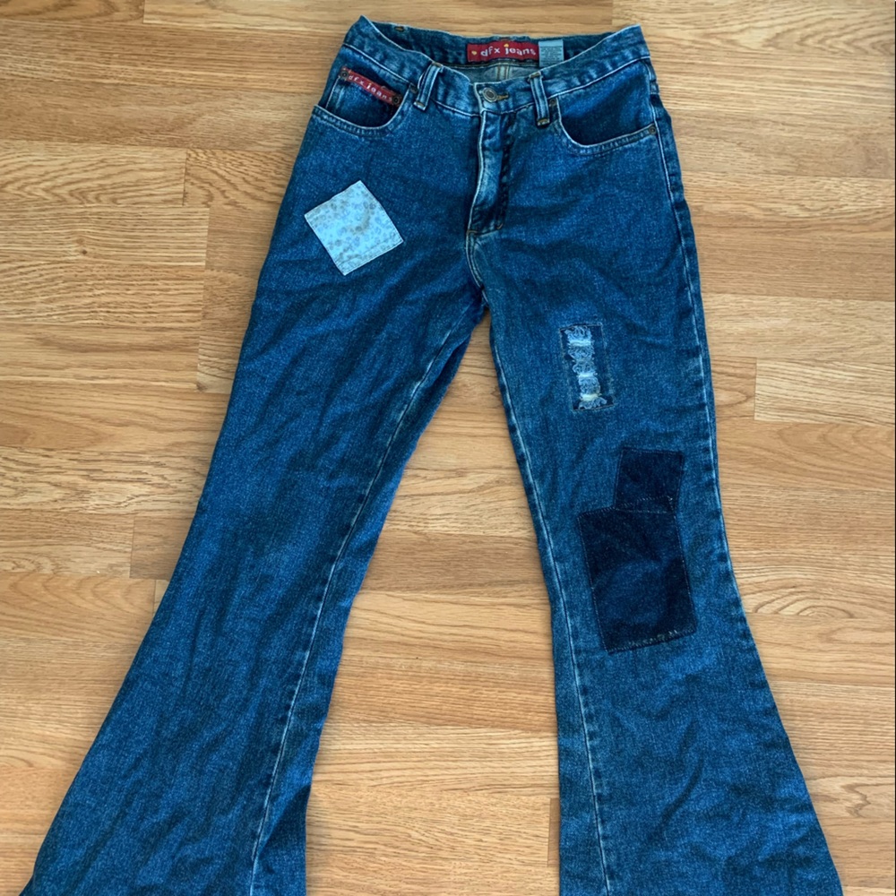 dfx blue bell bottom jeans with patches